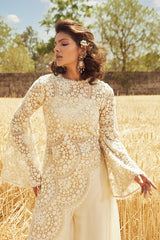 IVORY SCALLOP EMBROIDERED ASYMMETRIC KURTA SET