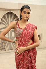 RED PRINTED CLASSIC PRE-DRAPED SAREE