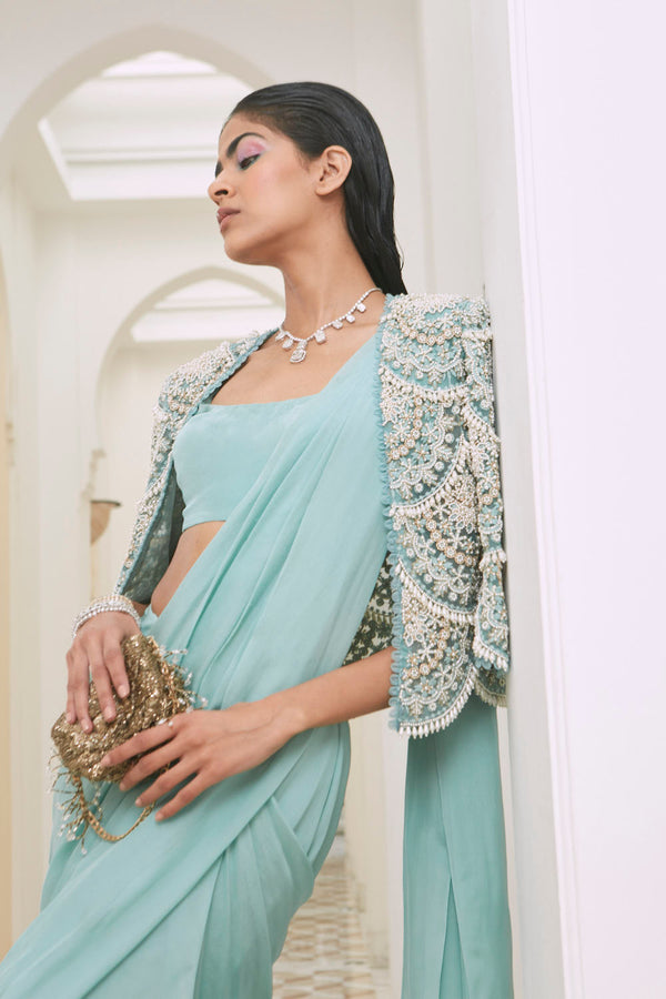 CRUISE TEAL PEARL DROP EMBROIDERED SAREE
