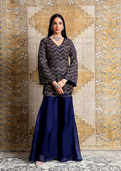 みふた、着物リメイク　リボン付きチュニック【719】青ラメ【720】黒ラメ NAVY BLUE EMBROIDERED ORGANZA KURTA SET – Ridhima Bhasin