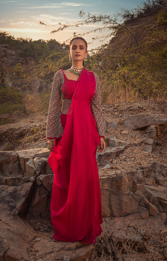Red Printed Sharara Saree With Blouse And Belt