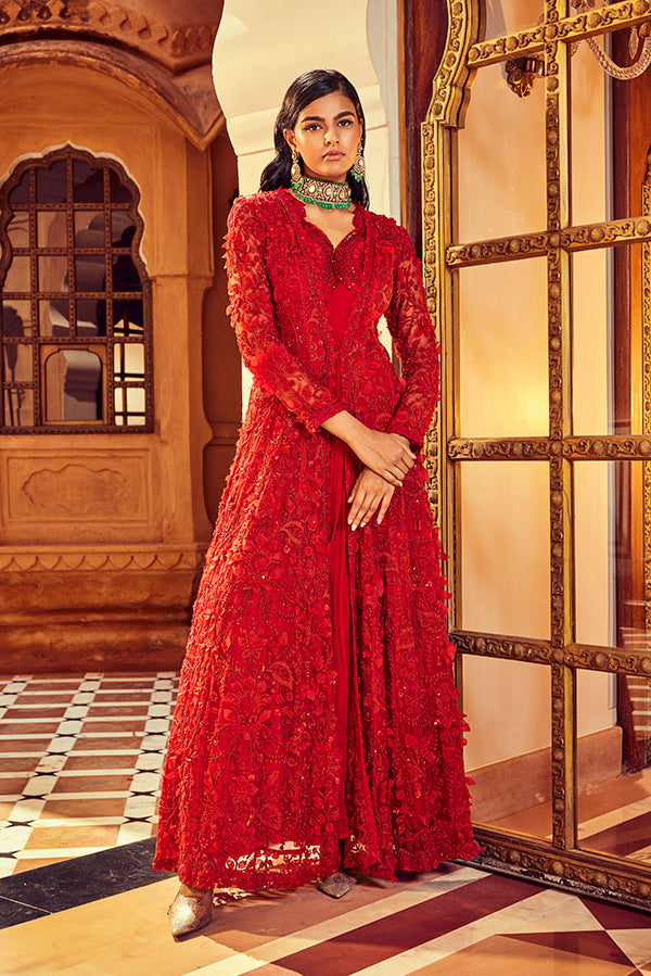 RETRO LOVE SCARLET RED 3D EMBELLISHED ANARKALI JACKET SET