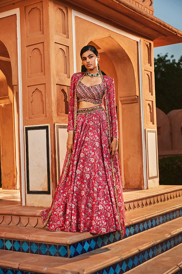 RETRO LOVE PINK EMBELLISHED PRINTED JACKET SKIRT SET