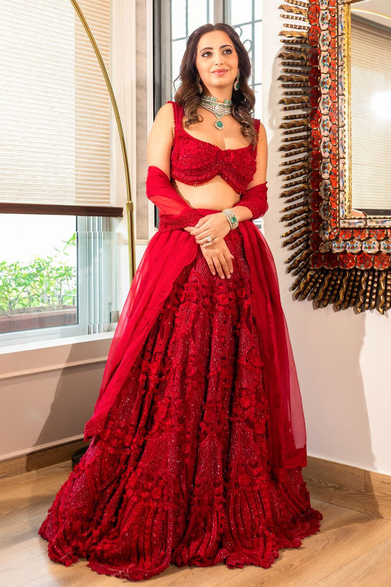 Alekha Advani Jain In Our Crimson Aura Lehenga Set