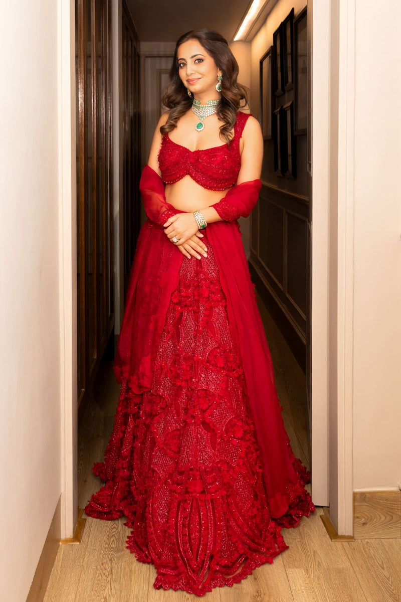 Alekha Advani Jain In Our Crimson Aura Lehenga Set