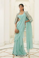 CRUISE TEAL PEARL DROP EMBROIDERED SAREE